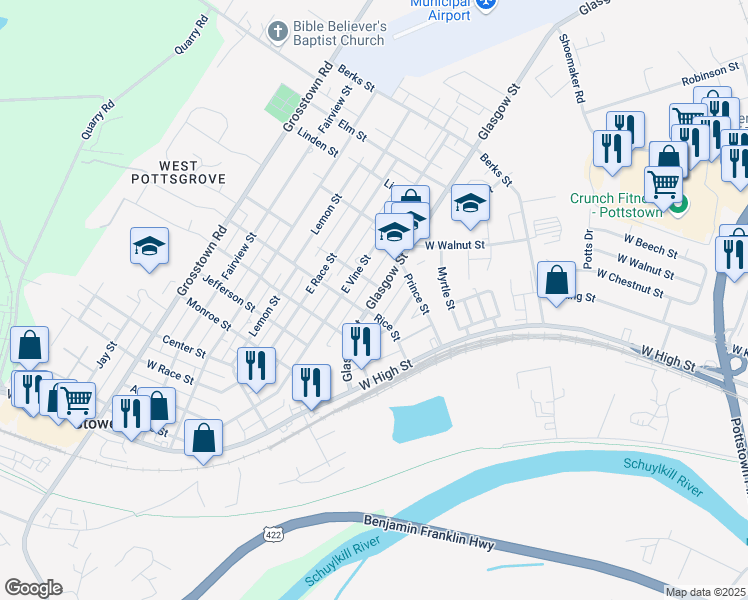 map of restaurants, bars, coffee shops, grocery stores, and more near 417 Glasgow Street in Pottstown