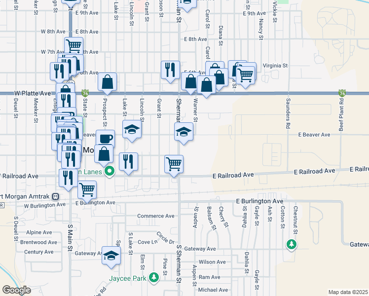 map of restaurants, bars, coffee shops, grocery stores, and more near 300 Sherman Street in Fort Morgan