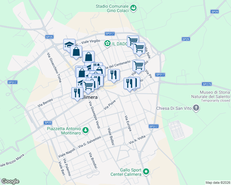 map of restaurants, bars, coffee shops, grocery stores, and more near 45 Via Costantini in Calimera