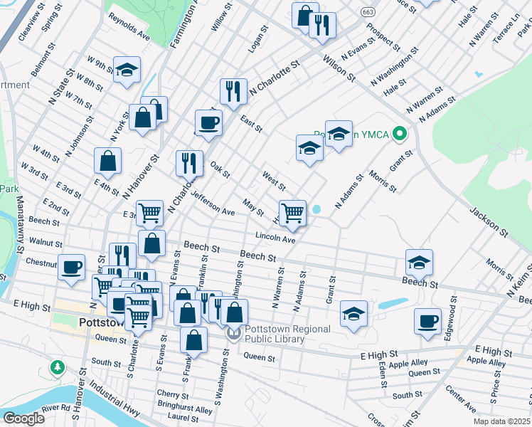 map of restaurants, bars, coffee shops, grocery stores, and more near 521 May Street in Pottstown