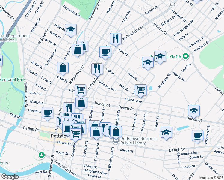map of restaurants, bars, coffee shops, grocery stores, and more near 408 Jefferson Avenue in Pottstown