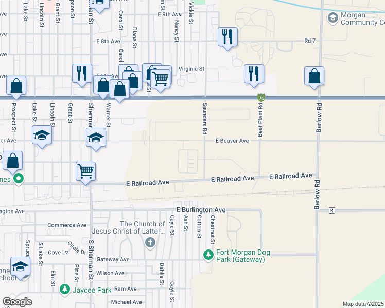map of restaurants, bars, coffee shops, grocery stores, and more near County Road 19 5/10 in Fort Morgan