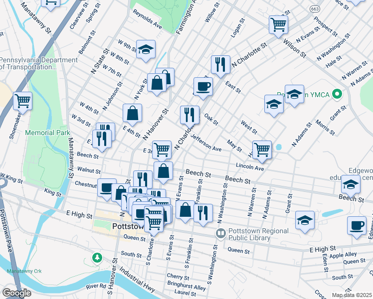 map of restaurants, bars, coffee shops, grocery stores, and more near 316 North Charlotte Street in Pottstown