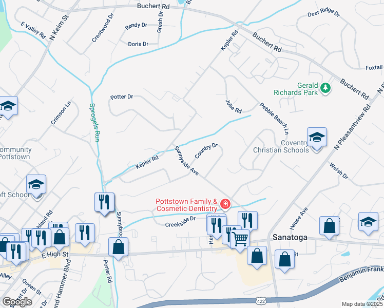 map of restaurants, bars, coffee shops, grocery stores, and more near 1 Country Drive in Pottstown