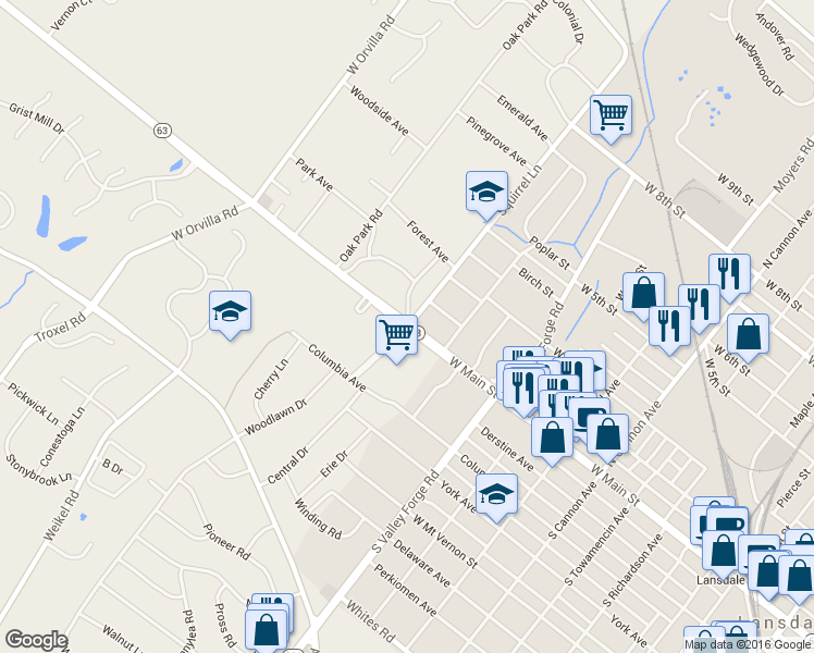 map of restaurants, bars, coffee shops, grocery stores, and more near 1152 Welsh Road in Lansdale