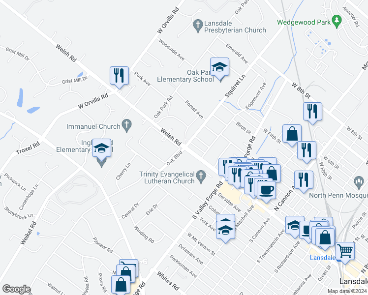 map of restaurants, bars, coffee shops, grocery stores, and more near 1146 West Main Street in Lansdale