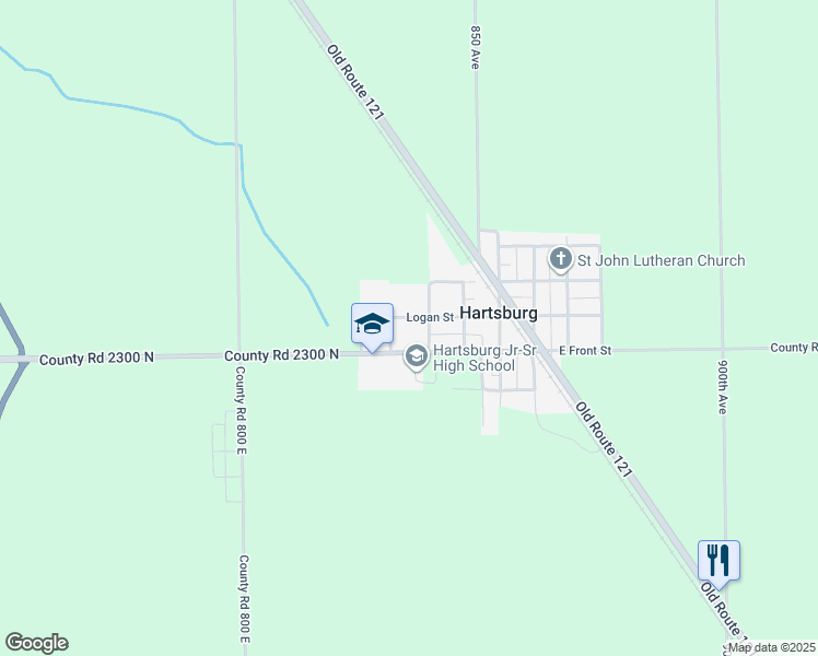 map of restaurants, bars, coffee shops, grocery stores, and more near 400-498 Logan Street in Hartsburg