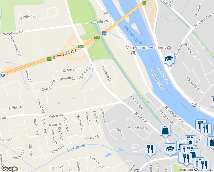 map of restaurants, bars, coffee shops, grocery stores, and more near 2 Maplevale Drive in Yardley