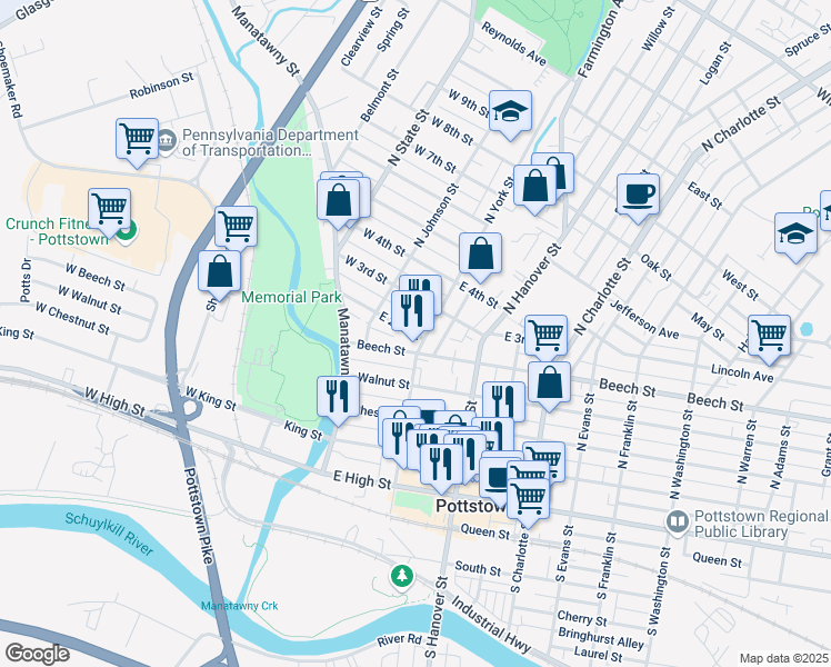 map of restaurants, bars, coffee shops, grocery stores, and more near 59 East 2nd Street in Pottstown