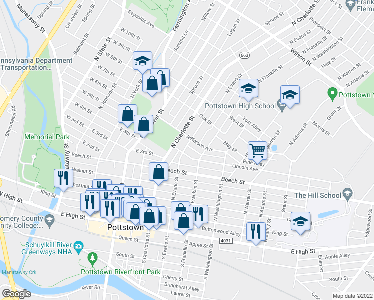map of restaurants, bars, coffee shops, grocery stores, and more near 312 North Evans Street in Pottstown