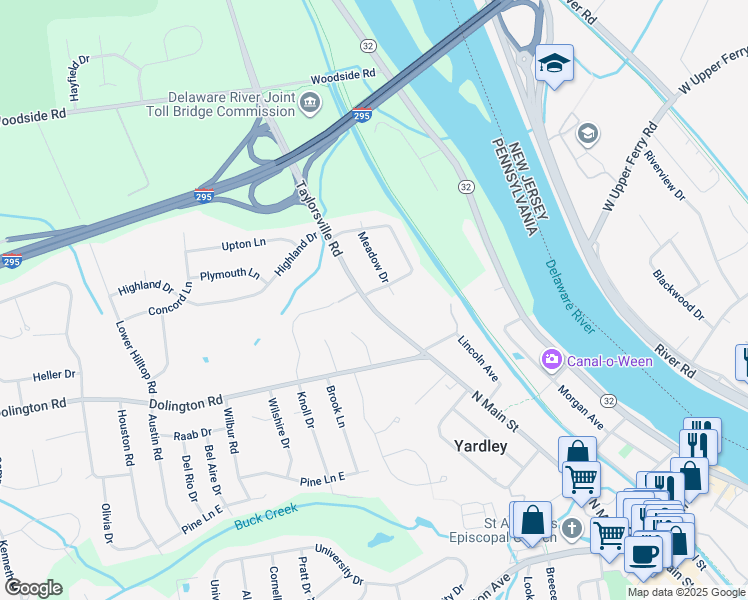 map of restaurants, bars, coffee shops, grocery stores, and more near 2 Maplevale Drive in Yardley