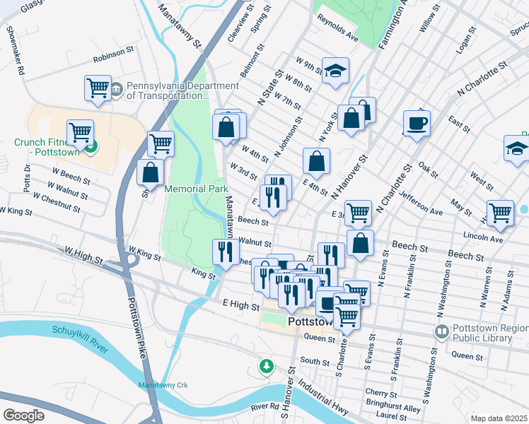 map of restaurants, bars, coffee shops, grocery stores, and more near 30 East 2nd Street in Pottstown