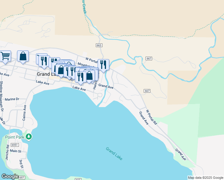 map of restaurants, bars, coffee shops, grocery stores, and more near 355 North Inlet Road in Grand Lake