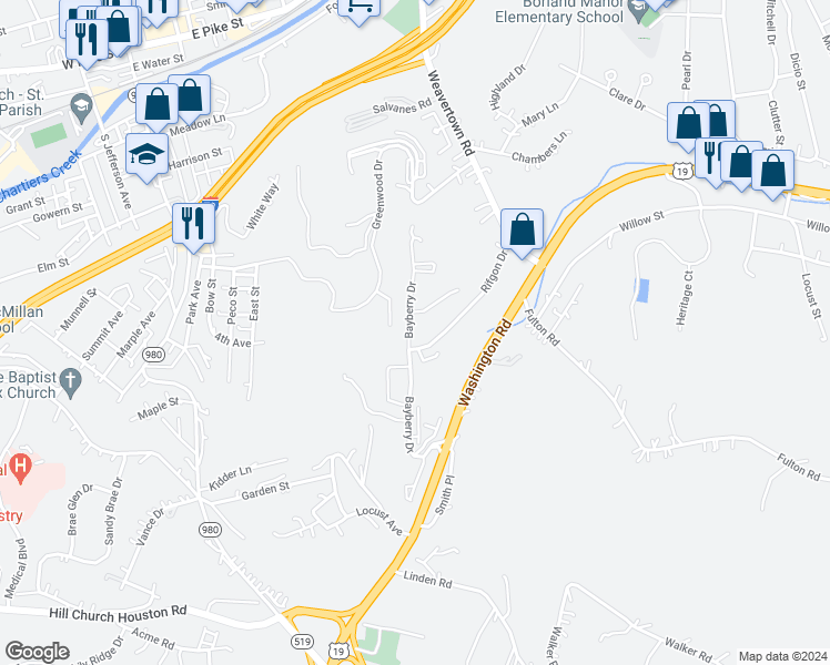 map of restaurants, bars, coffee shops, grocery stores, and more near 1108 Bayberry Drive in Canonsburg
