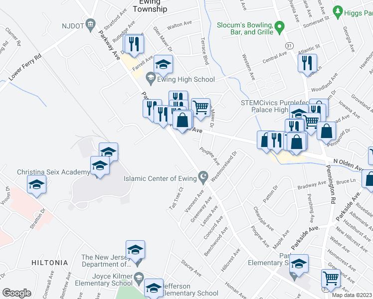map of restaurants, bars, coffee shops, grocery stores, and more near 752 Parkway Avenue in Trenton