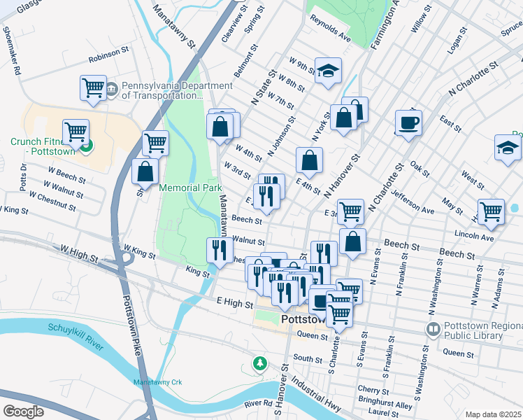 map of restaurants, bars, coffee shops, grocery stores, and more near 34 East 2nd Street in Pottstown