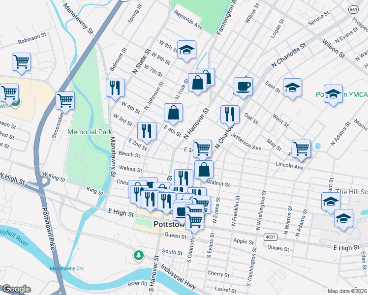 map of restaurants, bars, coffee shops, grocery stores, and more near 284 North Hanover Street in Pottstown