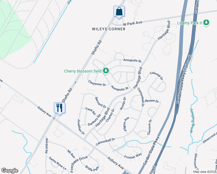 map of restaurants, bars, coffee shops, grocery stores, and more near 17 Cheyenne Street in Tinton Falls