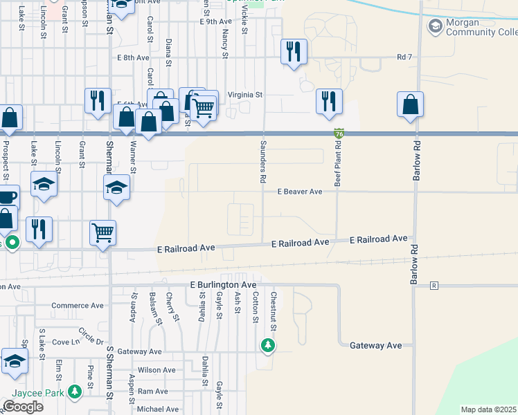 map of restaurants, bars, coffee shops, grocery stores, and more near County Road 19 5/10 in Fort Morgan