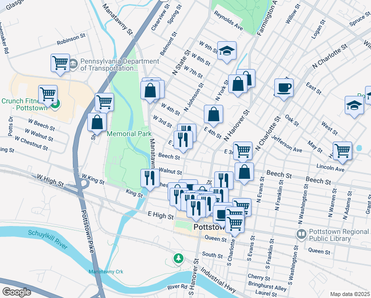 map of restaurants, bars, coffee shops, grocery stores, and more near 23 East 2nd Street in Pottstown