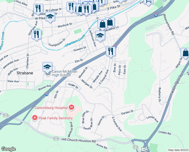 map of restaurants, bars, coffee shops, grocery stores, and more near 302 Summit Avenue in Canonsburg