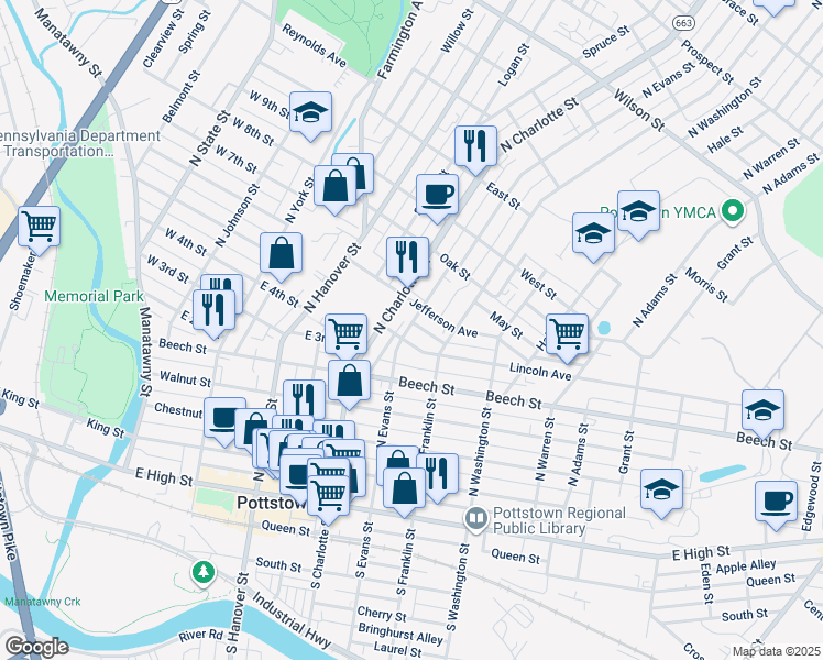 map of restaurants, bars, coffee shops, grocery stores, and more near 314 North Evans Street in Pottstown