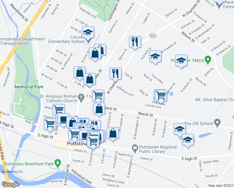 map of restaurants, bars, coffee shops, grocery stores, and more near 316 North Evans Street in Pottstown