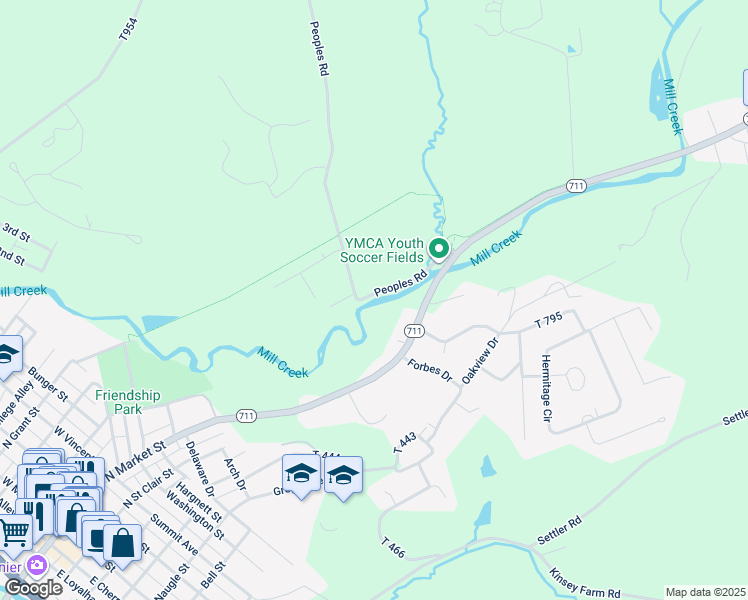 map of restaurants, bars, coffee shops, grocery stores, and more near 736 Hillside Avenue in Ligonier