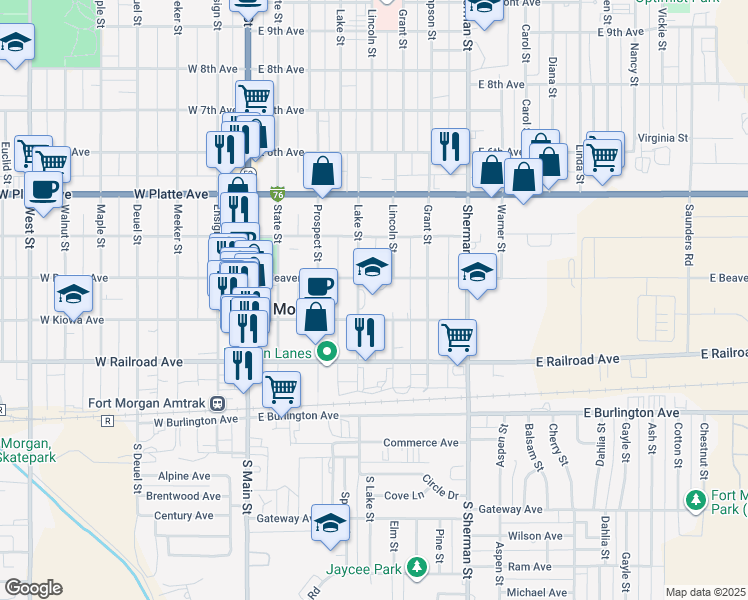 map of restaurants, bars, coffee shops, grocery stores, and more near 300 Lake Street in Fort Morgan