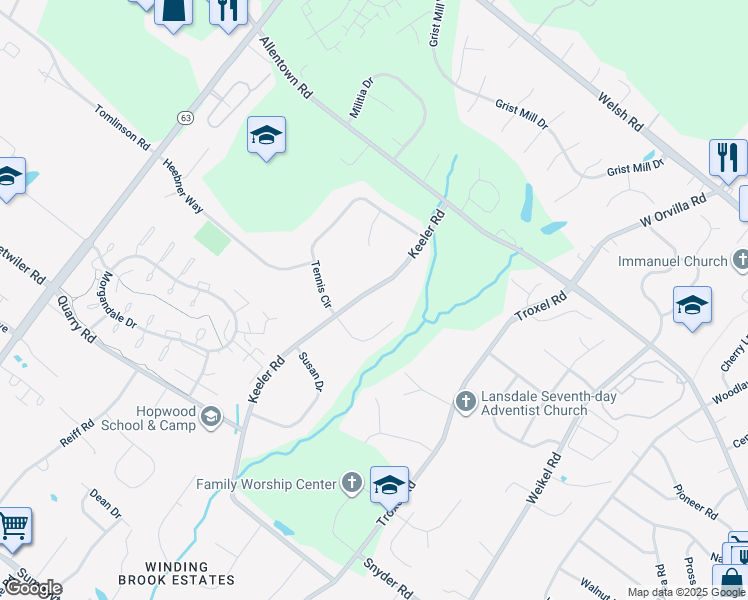 map of restaurants, bars, coffee shops, grocery stores, and more near 805 Keeler Road in Lansdale