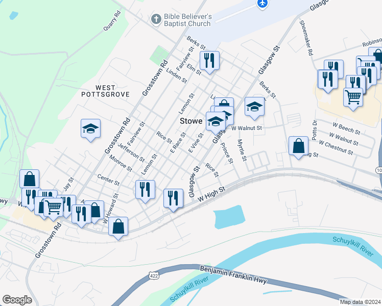 map of restaurants, bars, coffee shops, grocery stores, and more near 404 East Vine Street in Stowe