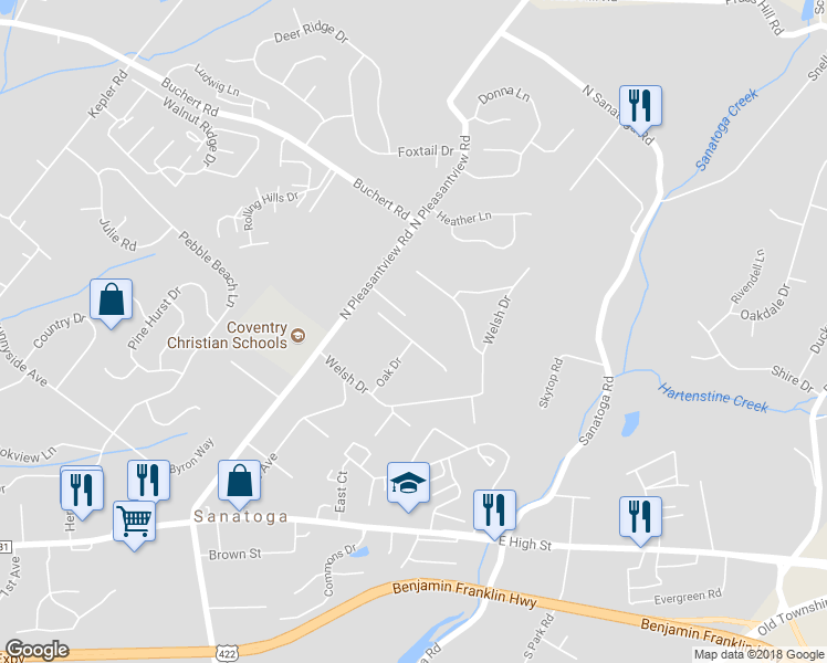 map of restaurants, bars, coffee shops, grocery stores, and more near 927 Oak Drive in Pottstown