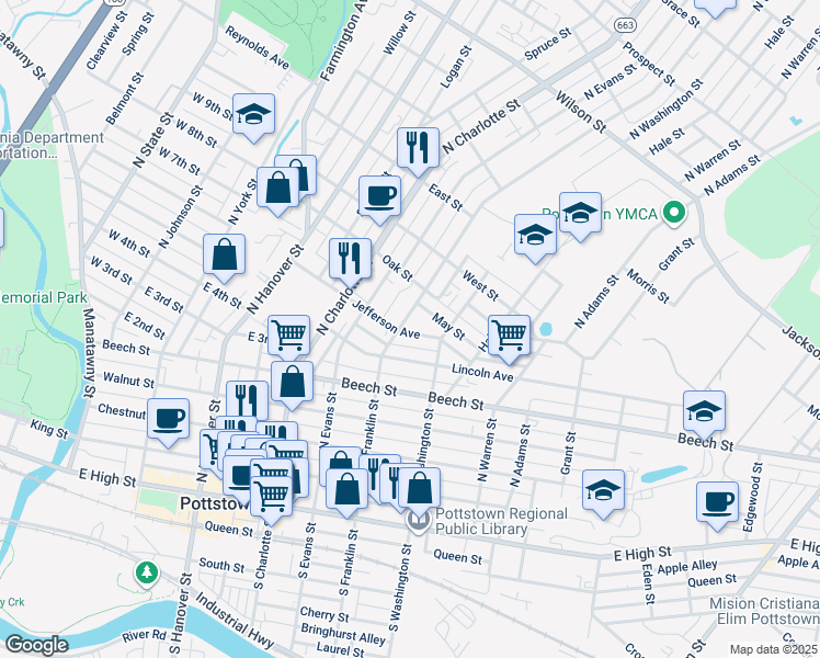 map of restaurants, bars, coffee shops, grocery stores, and more near 407 Jefferson Avenue in Pottstown