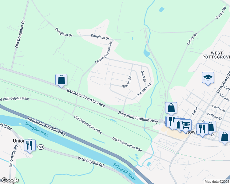 map of restaurants, bars, coffee shops, grocery stores, and more near 75 Westin Road in Douglassville