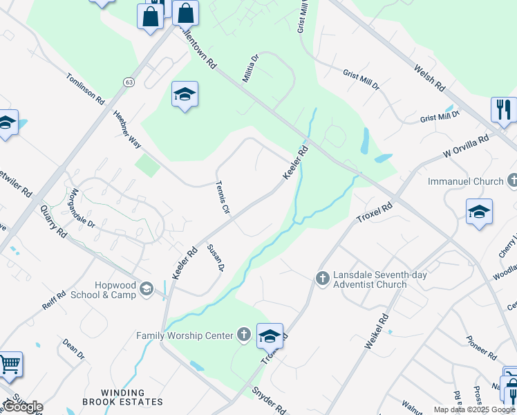 map of restaurants, bars, coffee shops, grocery stores, and more near 805 Keeler Road in Lansdale