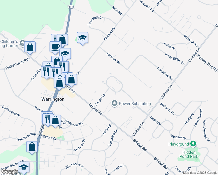 map of restaurants, bars, coffee shops, grocery stores, and more near 2207 Orchard Hill Circle in Warrington