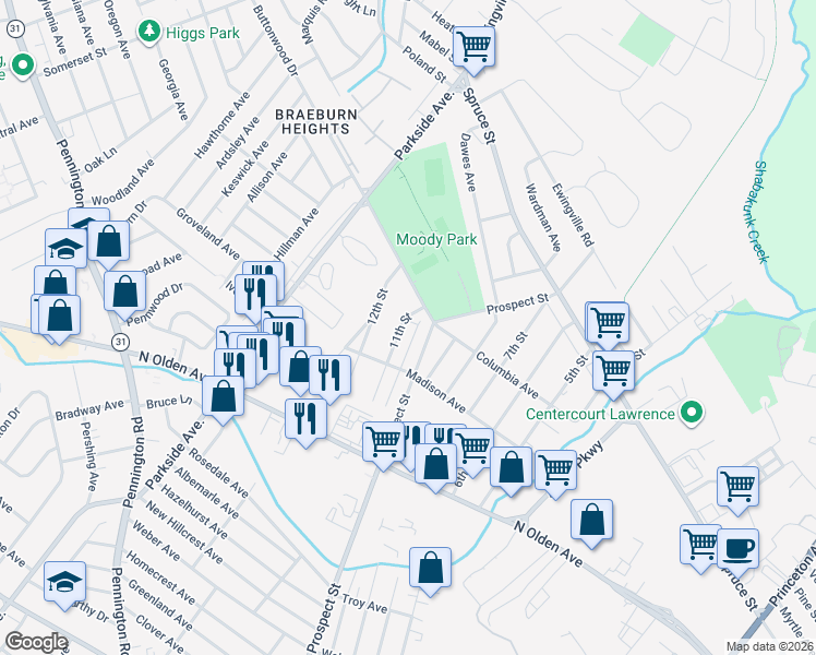 map of restaurants, bars, coffee shops, grocery stores, and more near 1632 11th Street in Trenton