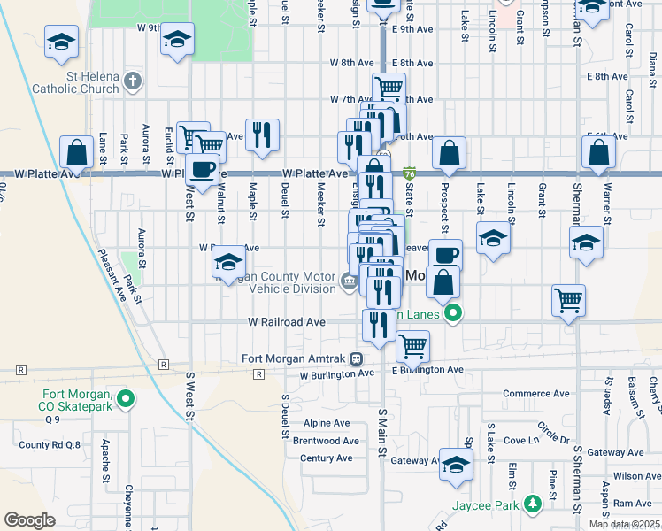 map of restaurants, bars, coffee shops, grocery stores, and more near 331 Meeker Street in Fort Morgan