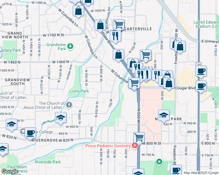 map of restaurants, bars, coffee shops, grocery stores, and more near 1269 Riverside Avenue in Provo