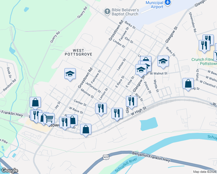 map of restaurants, bars, coffee shops, grocery stores, and more near 322 Lemon Street in Stowe