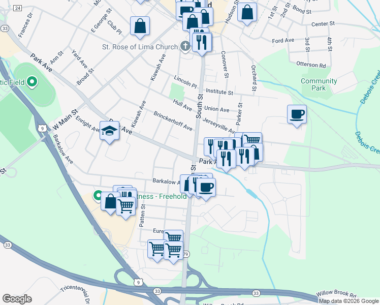 map of restaurants, bars, coffee shops, grocery stores, and more near 143 South Street in Freehold