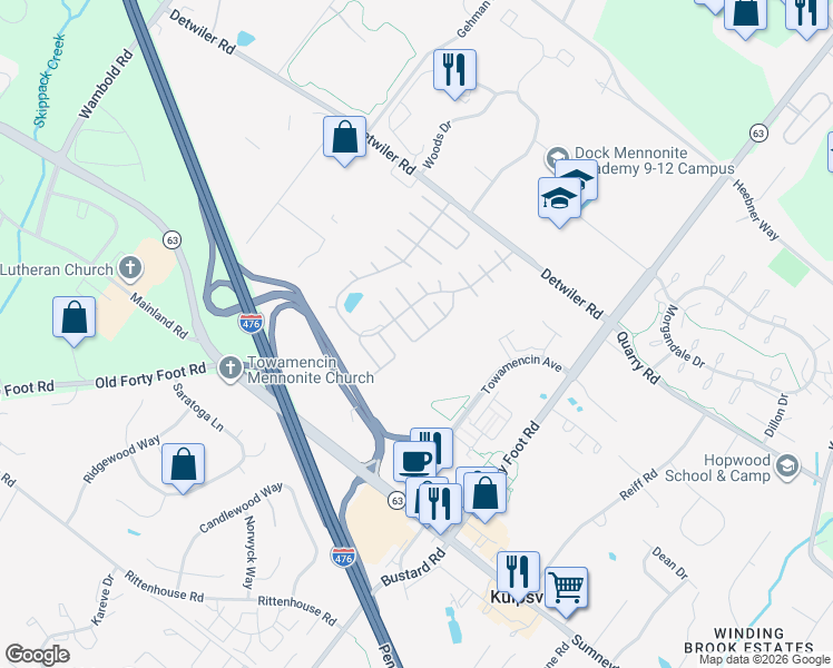 map of restaurants, bars, coffee shops, grocery stores, and more near 26 Oakplace Court East in Harleysville