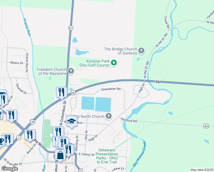 map of restaurants, bars, coffee shops, grocery stores, and more near 214 Greenbrier Road in Sunbury