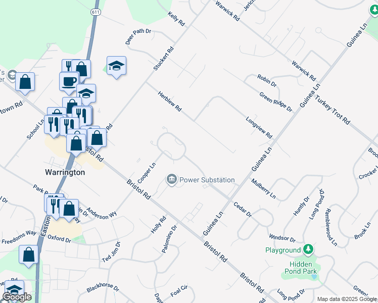 map of restaurants, bars, coffee shops, grocery stores, and more near 2207 Orchard Hill Circle in Warrington