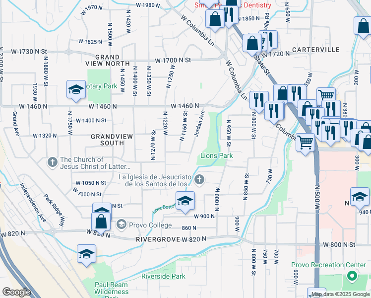 map of restaurants, bars, coffee shops, grocery stores, and more near 1130 West 1200 North Street in Provo