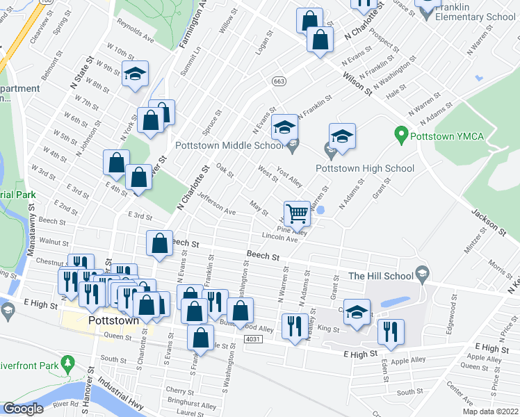 map of restaurants, bars, coffee shops, grocery stores, and more near 398 North Washington Street in Pottstown