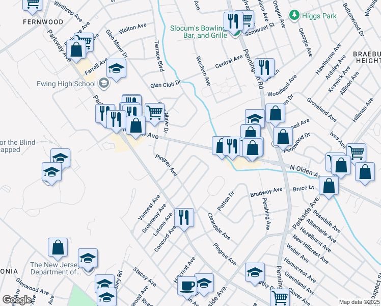 map of restaurants, bars, coffee shops, grocery stores, and more near 621 Westmoreland Drive in Ewing Township
