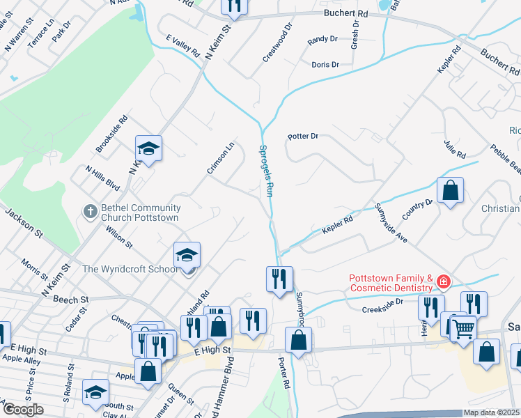 map of restaurants, bars, coffee shops, grocery stores, and more near 388 Sunnybrook Road in Pottstown