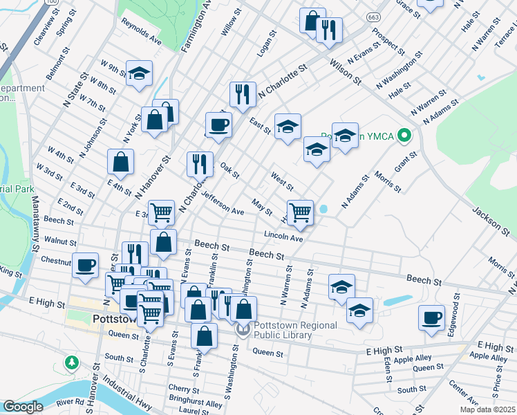 map of restaurants, bars, coffee shops, grocery stores, and more near 359 North Washington Street in Pottstown