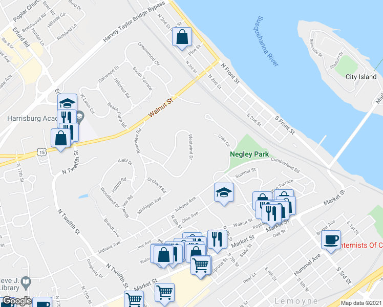 map of restaurants, bars, coffee shops, grocery stores, and more near 15 Westwind Drive in Lemoyne